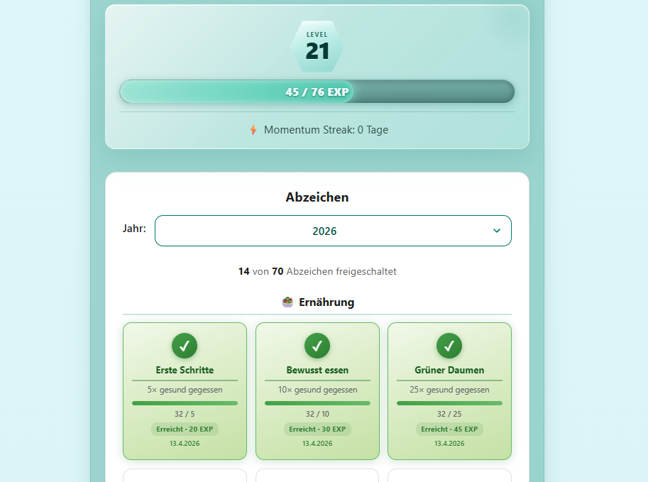 Fortschritt, Level und Badges in Mindena